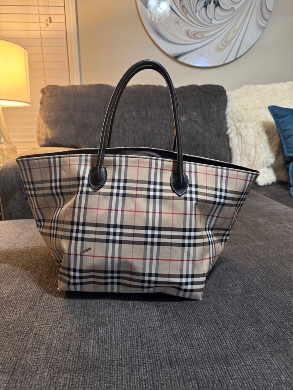 Authentic Burberry tote!! Classic Plaid Tote Bag with Black Handles -